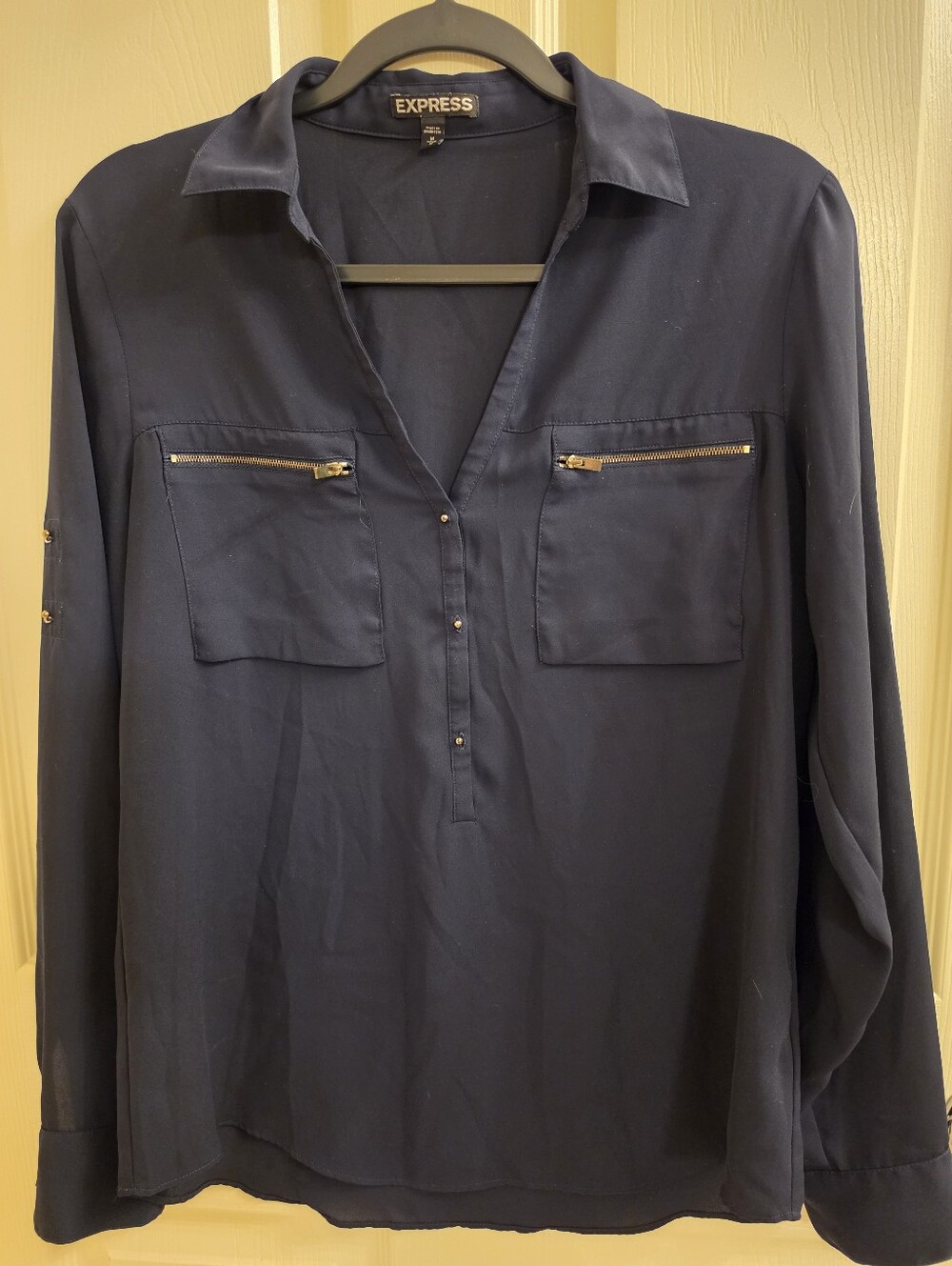 Express Navy Blue Utility Blouse Zip Pocket Long Sleeve Women’s M
